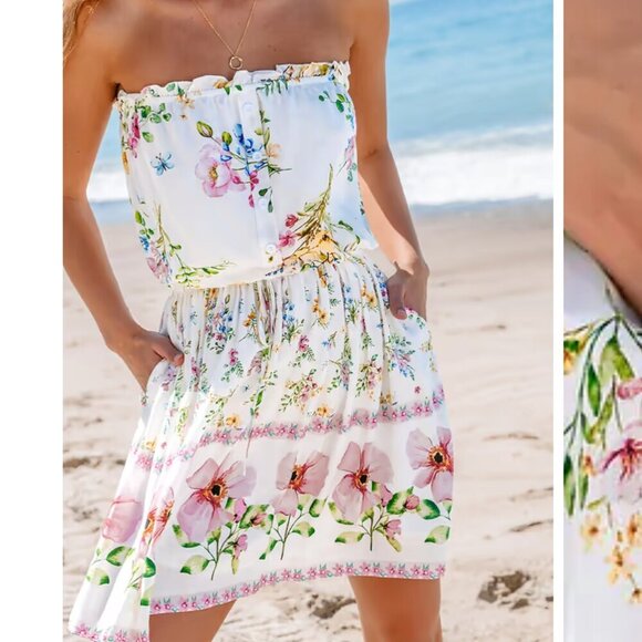 NWT New Cupshe Floral Print Tie Waist Mini Dress Size Medium w Pockets! Coverup - Picture 2 of 15